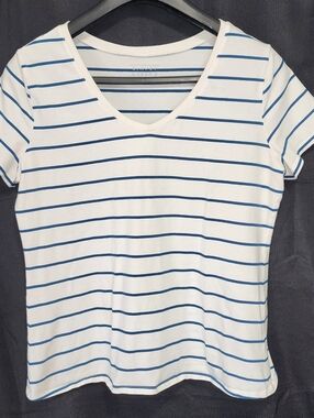 Simply Styled V-Neck Stripe Tee - White/Blue Stripe